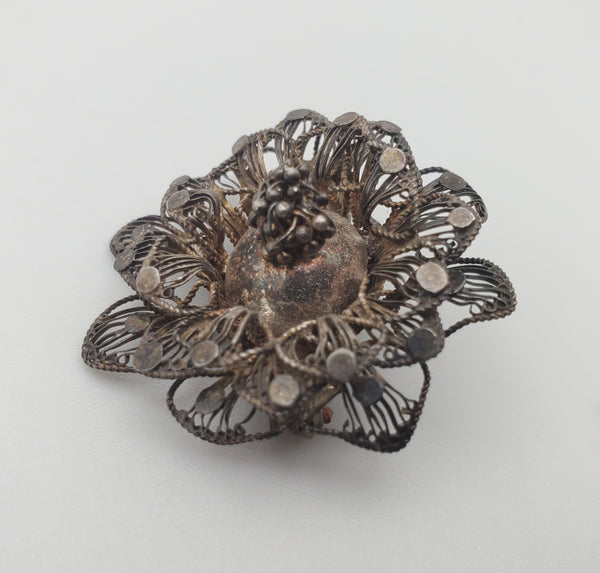 Vintage Sterling Silver Filigree Flower Brooch