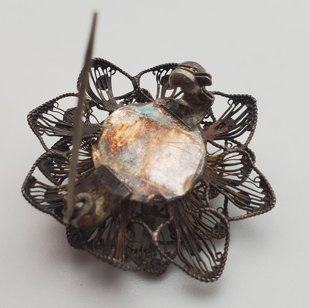 Vintage Sterling Silver Filigree Flower Brooch
