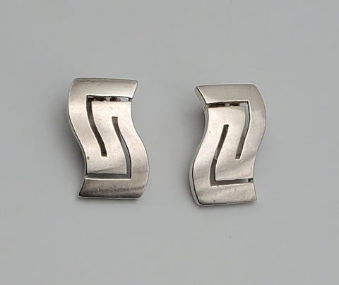 Vintage Wavy Greek Scroll Sterling Silver Clip-On Earrings