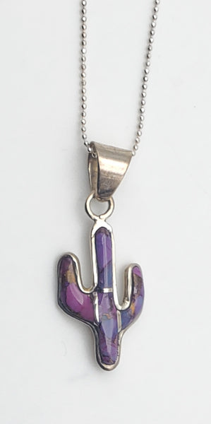 Purple Copper Turquoise Inlaid Sterling Silver Cactus Pendant Necklace - 18"