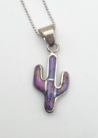 Purple Copper Turquoise Inlaid Sterling Silver Cactus Pendant Necklace - 18"