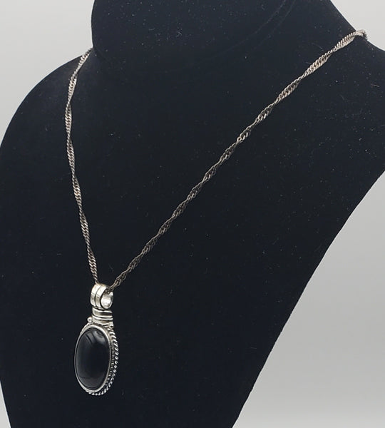 Black Onyx Pendant on Sterling Silver Italian Chain Necklace - 26"