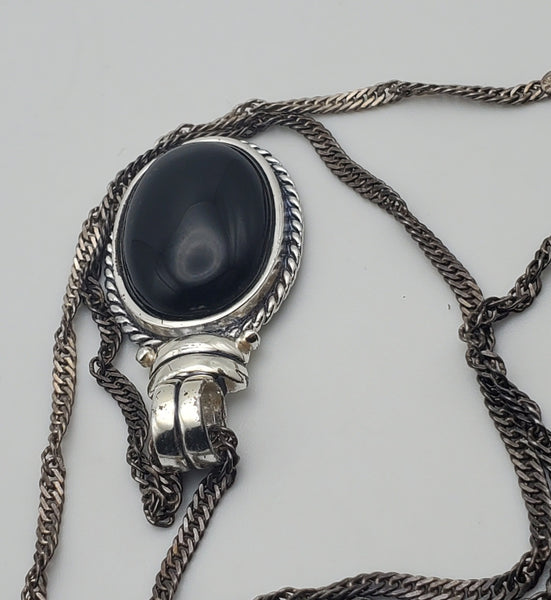 Black Onyx Pendant on Sterling Silver Italian Chain Necklace - 26"