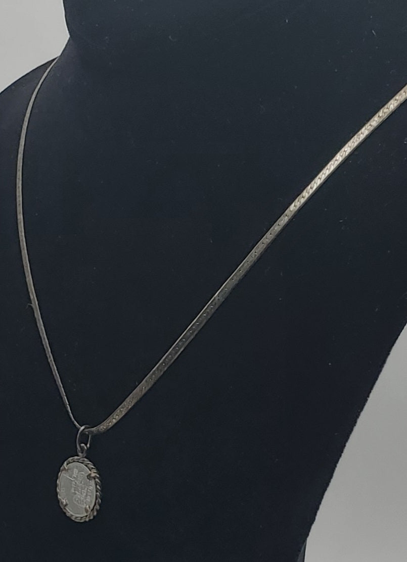 Vintage Sterling Silver Spanish Peseta Pendant on Herringbone Link Sterling Silver Chain Necklace - 20"