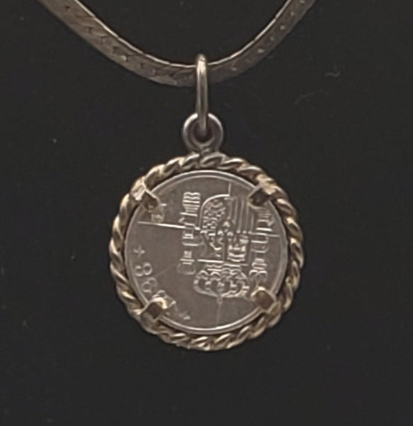 Vintage Sterling Silver Spanish Peseta Pendant on Herringbone Link Sterling Silver Chain Necklace - 20"
