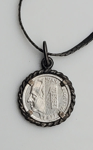Vintage Sterling Silver Spanish Peseta Pendant on Herringbone Link Sterling Silver Chain Necklace - 20"