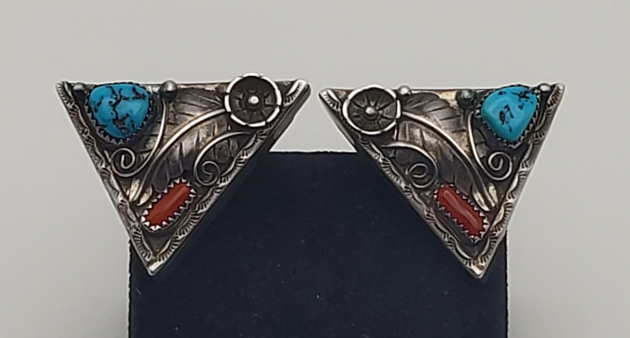 Jason Livingston - Vintage Navajo Sterling Silver Turquoise and Red Coral Screw Back Earrings