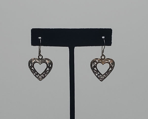 Vintage Sterling Silver Filigree Heart Dangle Earrings