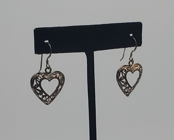 Vintage Sterling Silver Filigree Heart Dangle Earrings