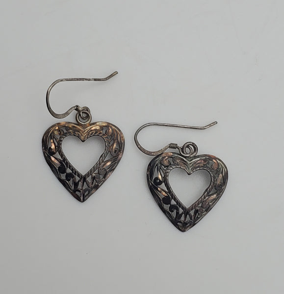 Vintage Sterling Silver Filigree Heart Dangle Earrings