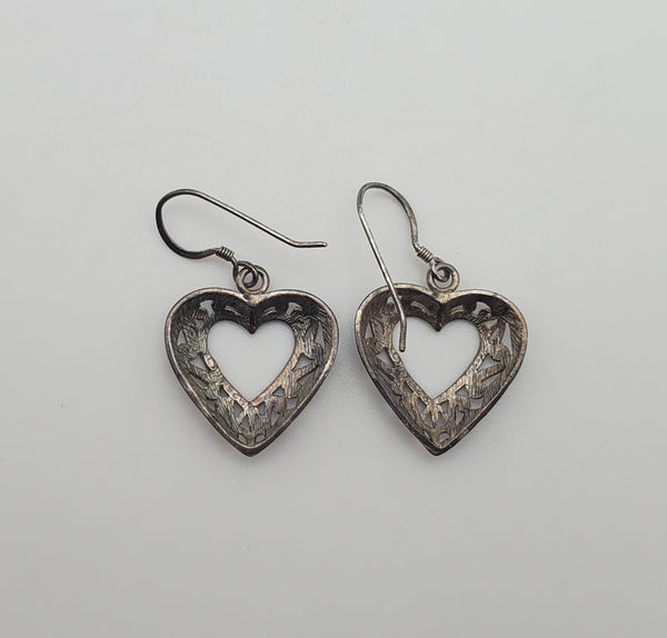 Vintage Sterling Silver Filigree Heart Dangle Earrings
