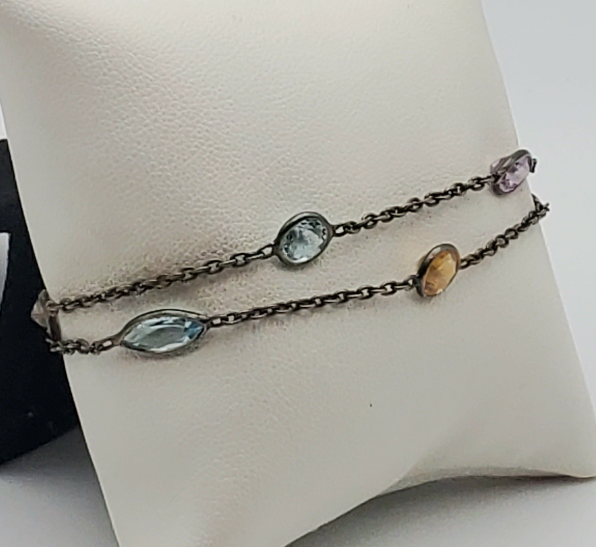 Vintage Double Strand Gemstone Sterling Silver Chain Link Bracelet - 7 + 1"