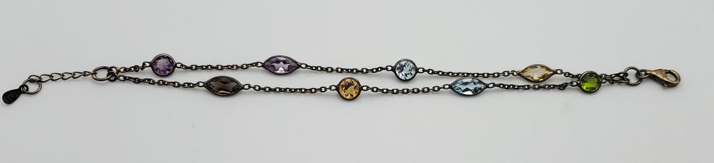 Vintage Double Strand Gemstone Sterling Silver Chain Link Bracelet - 7 + 1"