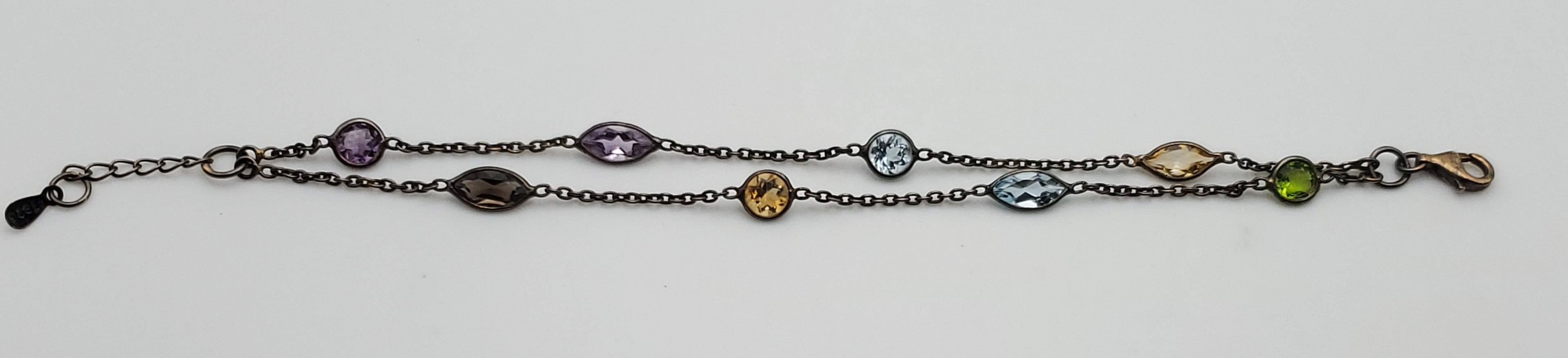 Vintage Double Strand Gemstone Sterling Silver Chain Link Bracelet - 7 + 1"