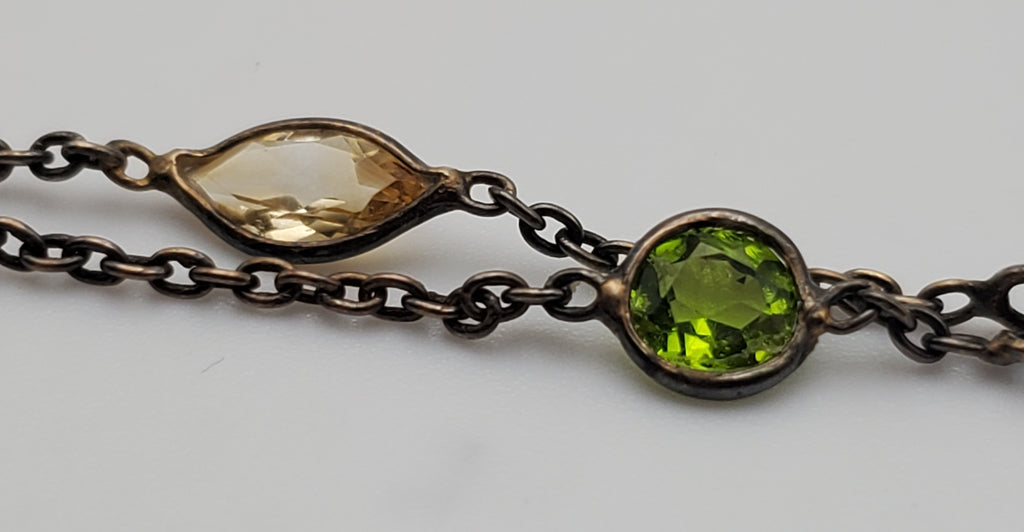Vintage Double Strand Gemstone Sterling Silver Chain Link Bracelet - 7 + 1"