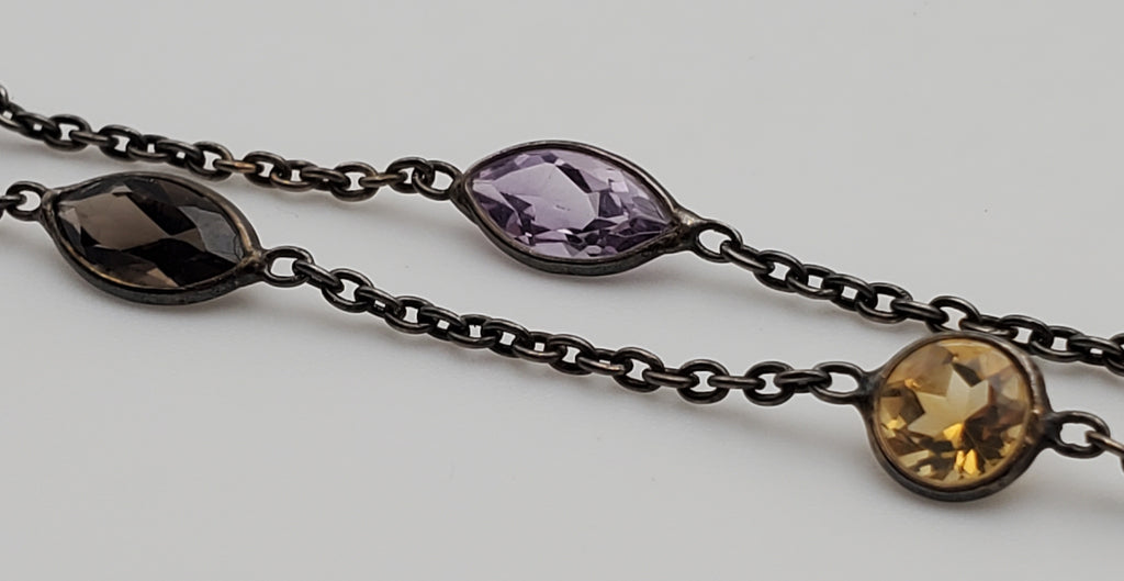 Vintage Double Strand Gemstone Sterling Silver Chain Link Bracelet - 7 + 1"