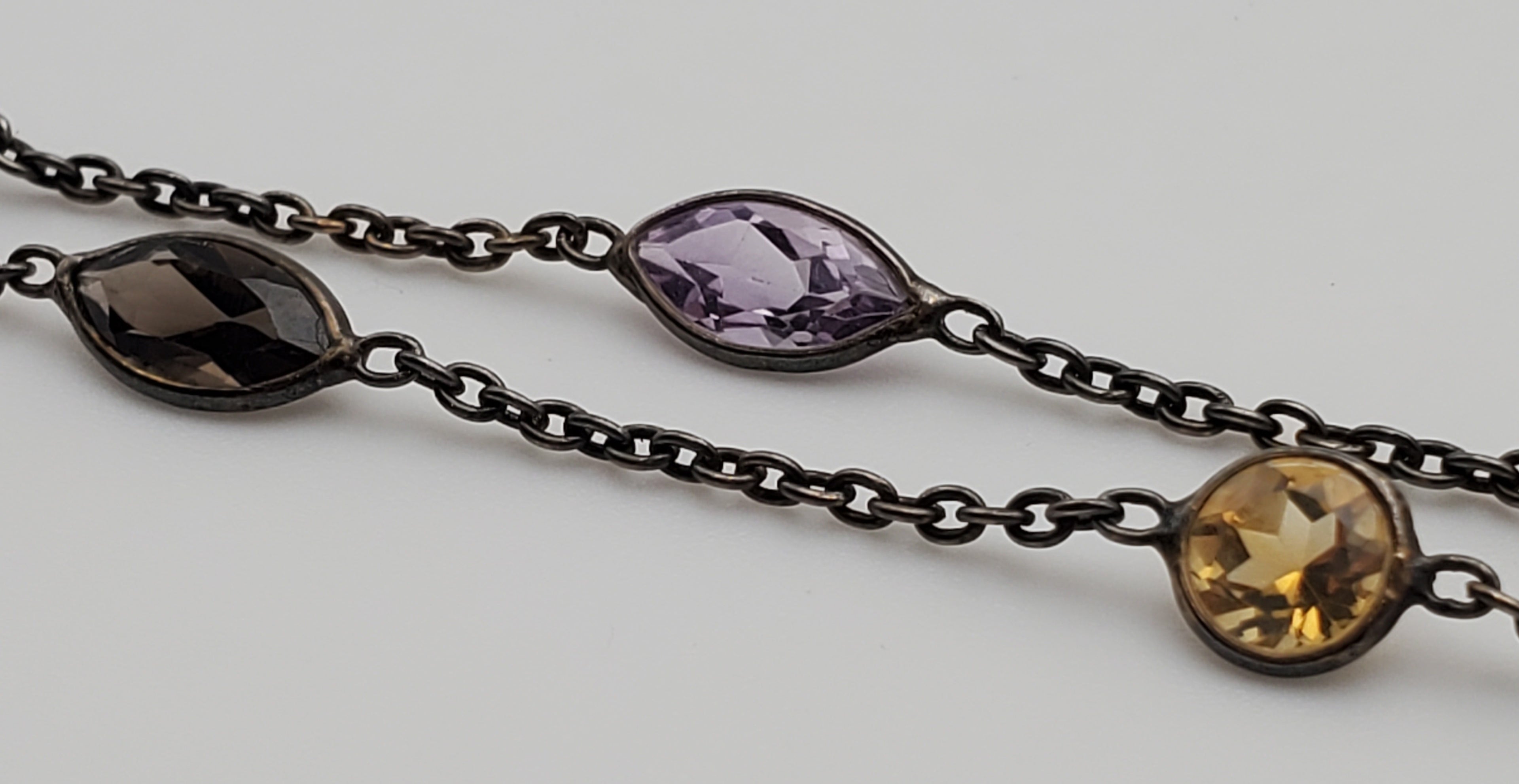 Vintage Double Strand Gemstone Sterling Silver Chain Link Bracelet - 7 + 1"