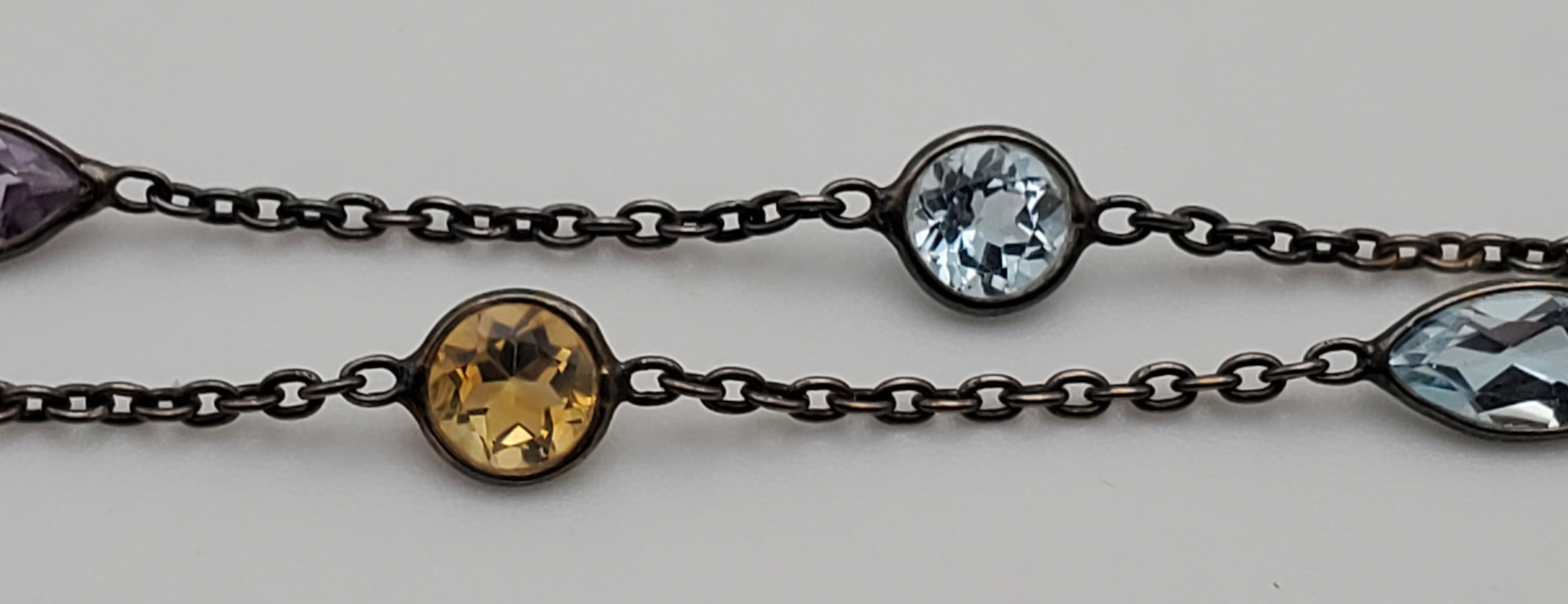 Vintage Double Strand Gemstone Sterling Silver Chain Link Bracelet - 7 + 1"