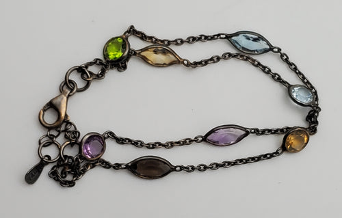 Vintage Double Strand Gemstone Sterling Silver Chain Link Bracelet - 7 + 1"