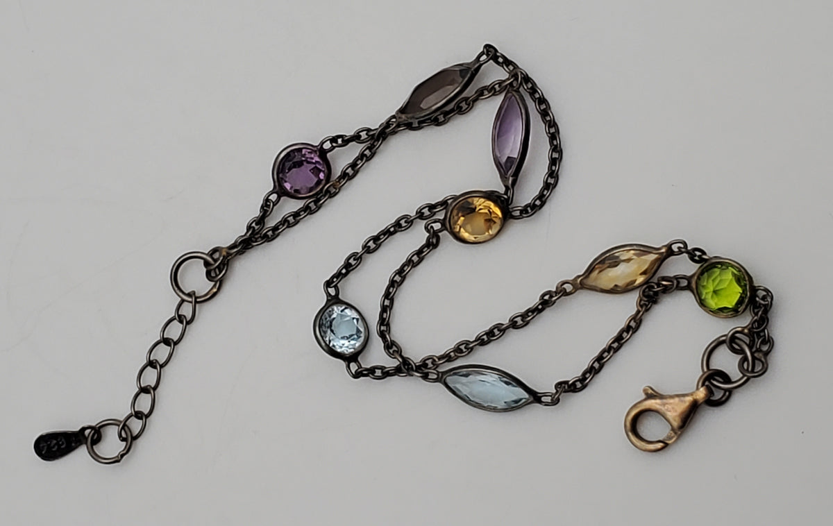 Vintage Double Strand Gemstone Sterling Silver Chain Link Bracelet - 7 + 1"