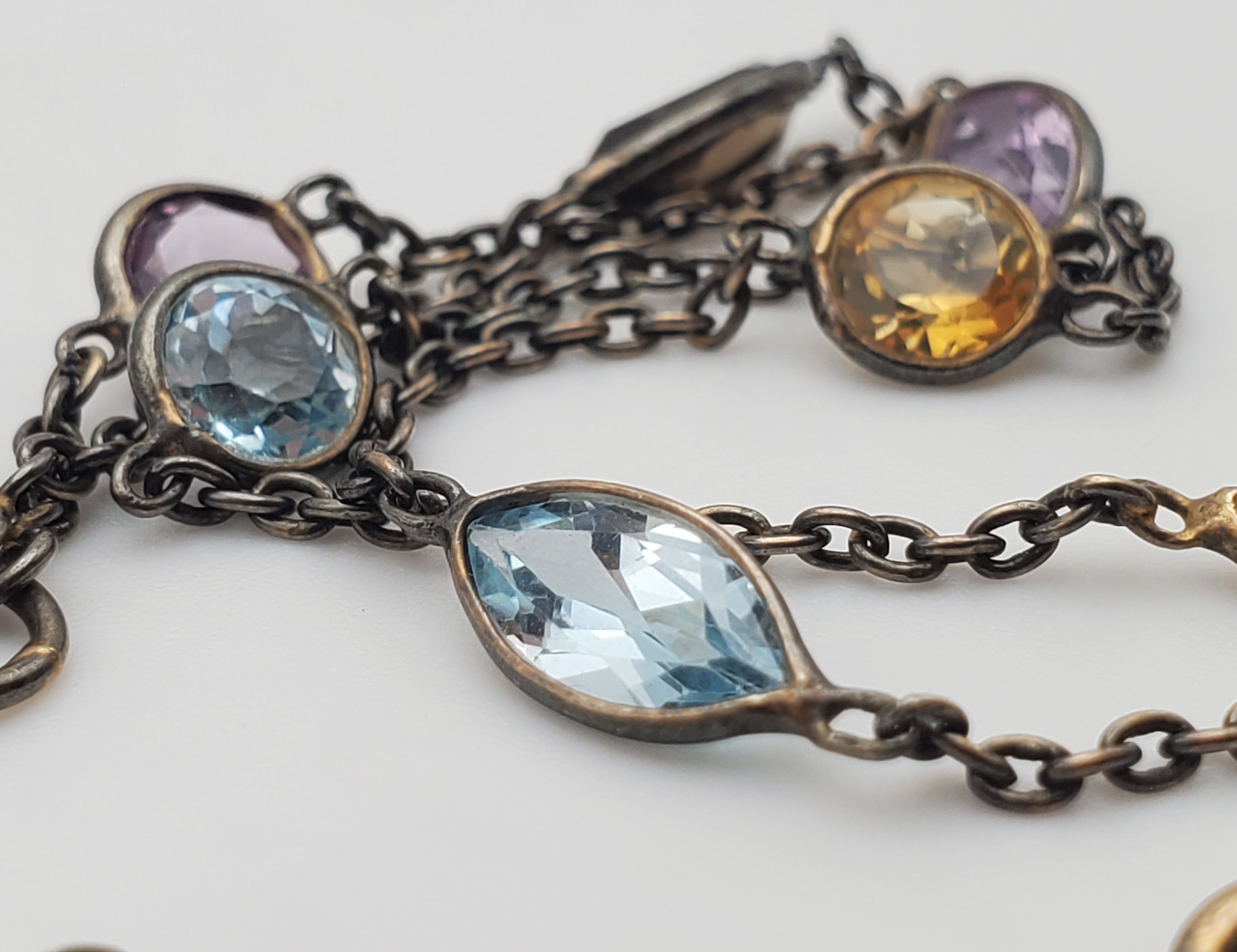 Vintage Double Strand Gemstone Sterling Silver Chain Link Bracelet - 7 + 1"