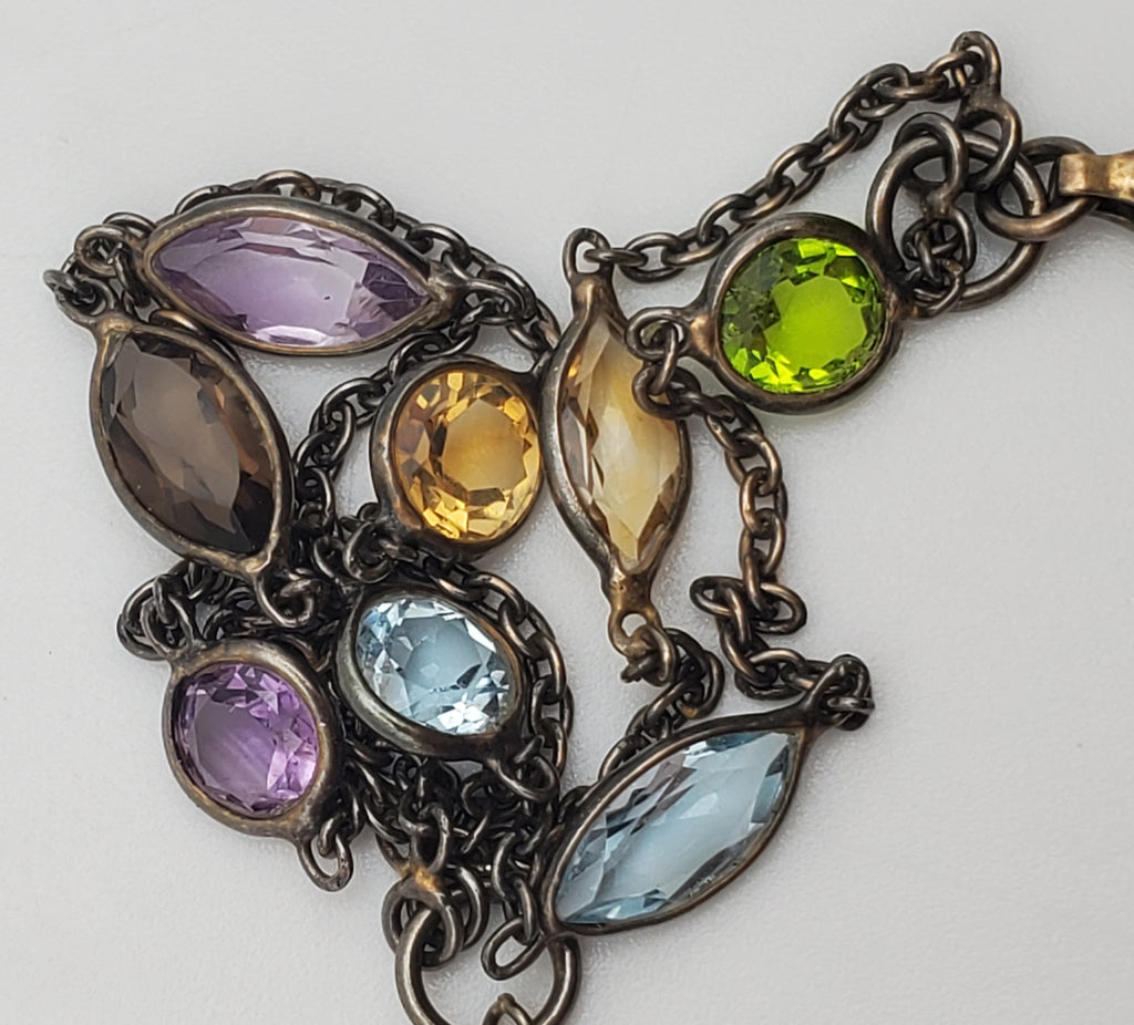 Vintage Double Strand Gemstone Sterling Silver Chain Link Bracelet - 7 + 1"