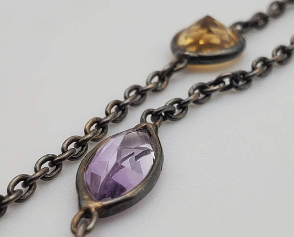 Vintage Double Strand Gemstone Sterling Silver Chain Link Bracelet - 7 + 1"