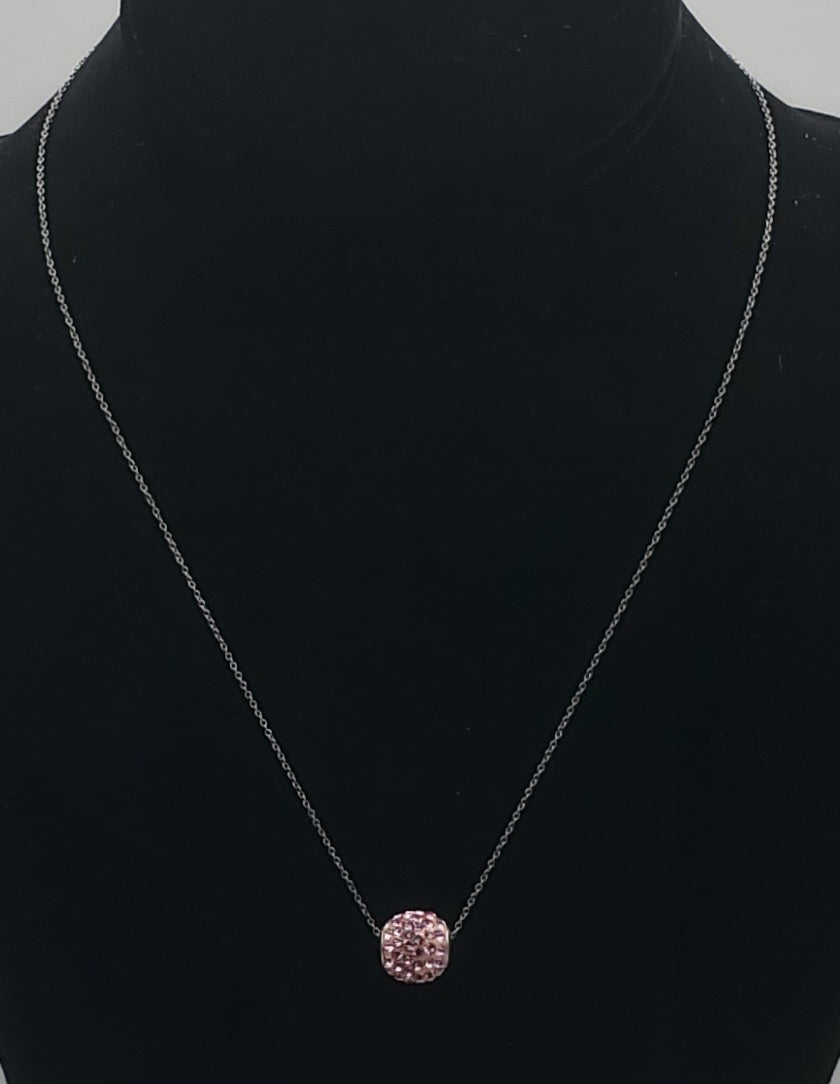 Vintage Pink Crystal Studded Sterling Silver Slide Pendant on Sterling Silver Chain Necklace - 18"