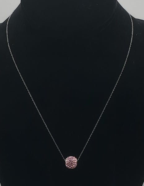 Vintage Pink Crystal Studded Sterling Silver Slide Pendant on Sterling Silver Chain Necklace - 18"