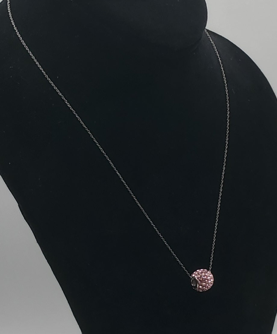 Vintage Pink Crystal Studded Sterling Silver Slide Pendant on Sterling Silver Chain Necklace - 18"
