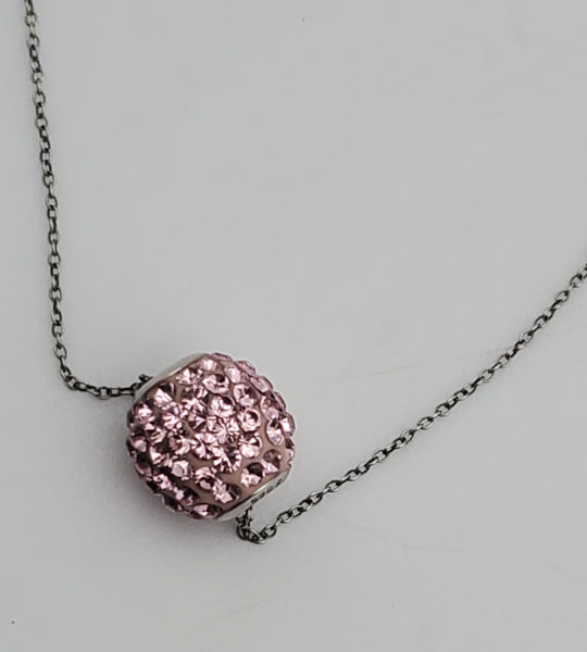 Vintage Pink Crystal Studded Sterling Silver Slide Pendant on Sterling Silver Chain Necklace - 18"