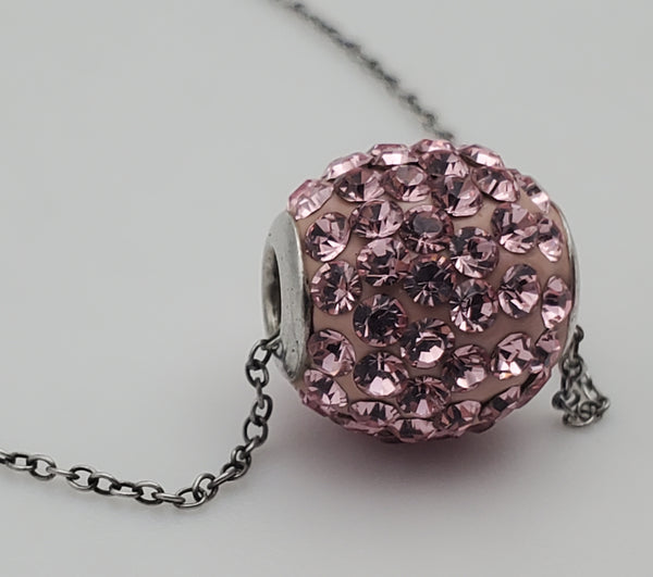 Vintage Pink Crystal Studded Sterling Silver Slide Pendant on Sterling Silver Chain Necklace - 18"