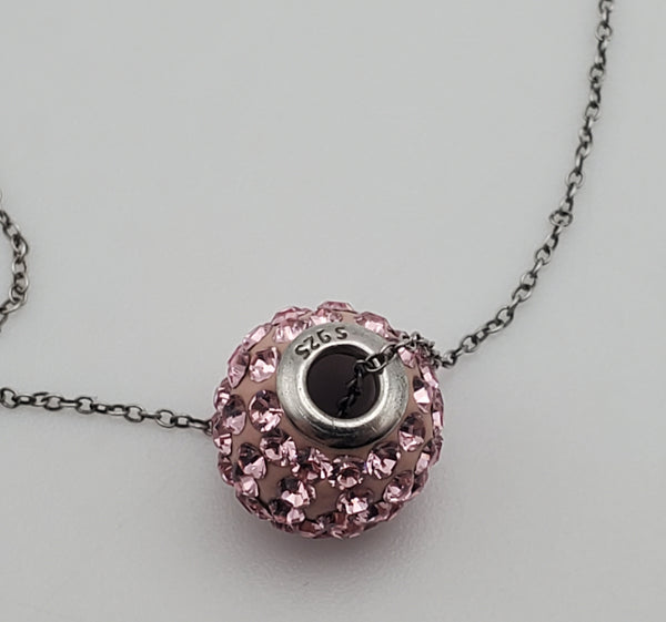 Vintage Pink Crystal Studded Sterling Silver Slide Pendant on Sterling Silver Chain Necklace - 18"