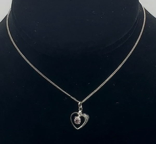 Vintage Sterling Silver Pink Crystal Heart Pendant on Sterling Silver Choker Chain Necklace - 12.25"