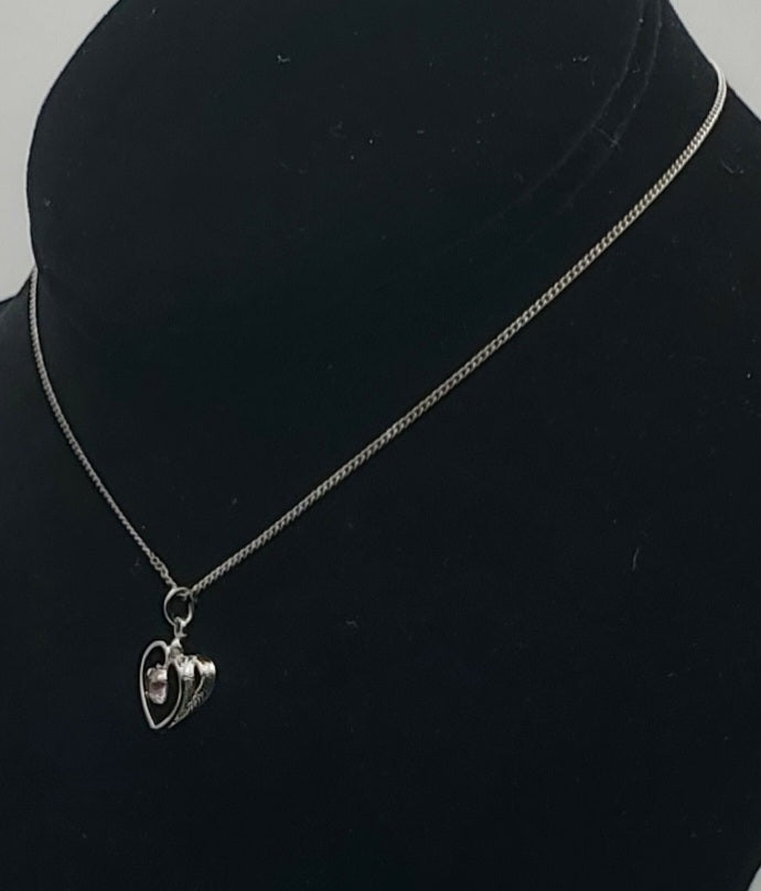 Vintage Sterling Silver Pink Crystal Heart Pendant on Sterling Silver Choker Chain Necklace - 12.25"