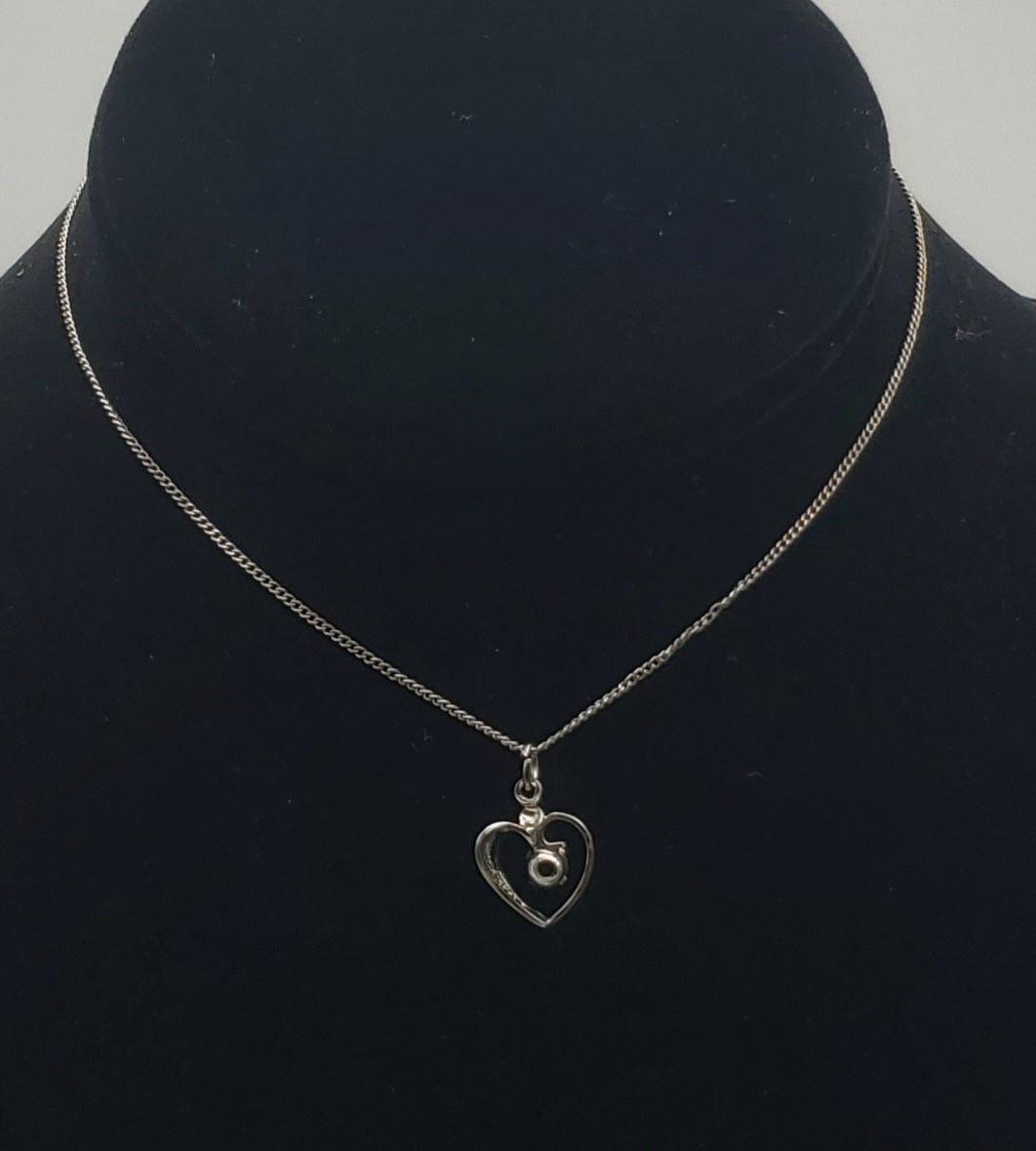 Vintage Sterling Silver Pink Crystal Heart Pendant on Sterling Silver Choker Chain Necklace - 12.25"