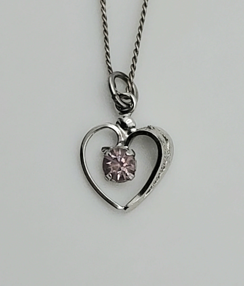 Vintage Sterling Silver Pink Crystal Heart Pendant on Sterling Silver Choker Chain Necklace - 12.25"