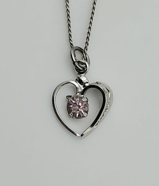 Vintage Sterling Silver Pink Crystal Heart Pendant on Sterling Silver Choker Chain Necklace - 12.25"