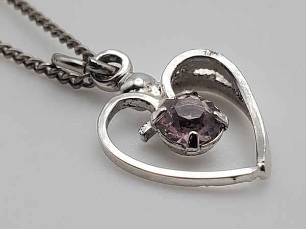 Vintage Sterling Silver Pink Crystal Heart Pendant on Sterling Silver Choker Chain Necklace - 12.25"