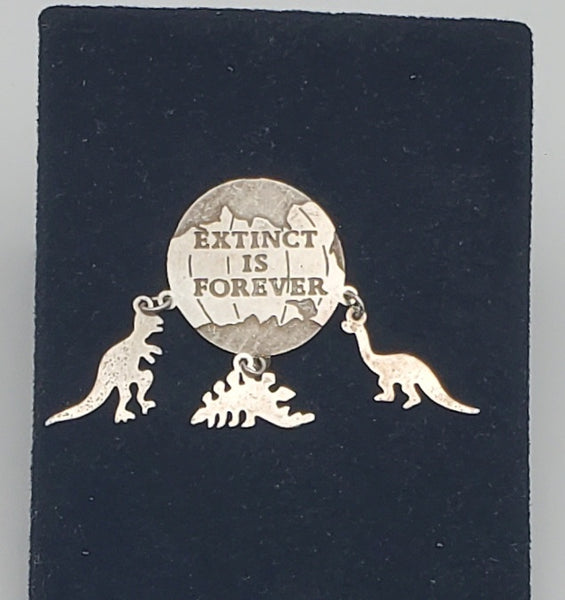 Vintage Sterling Silver "Extinct is Forever" Dinosaur Dangle Charm/Pendant MISSING BAIL