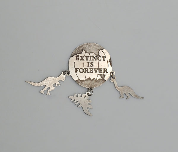 Vintage Sterling Silver "Extinct is Forever" Dinosaur Dangle Charm/Pendant MISSING BAIL