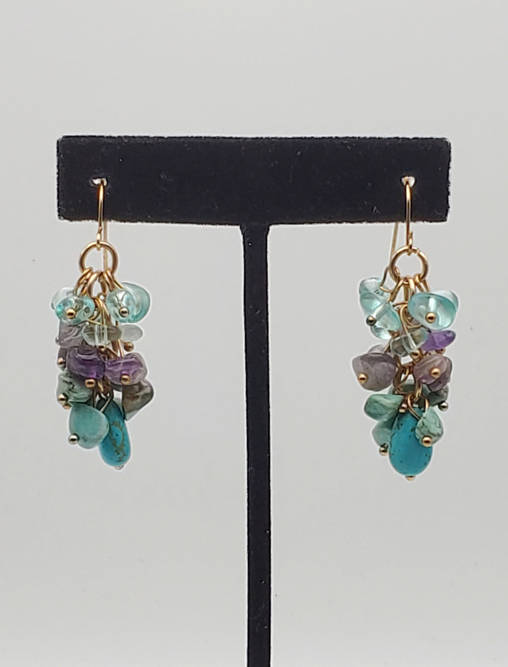 Vintage Amethyst and Turquoise Nugget Bead Gold Tone Dangle Earrings