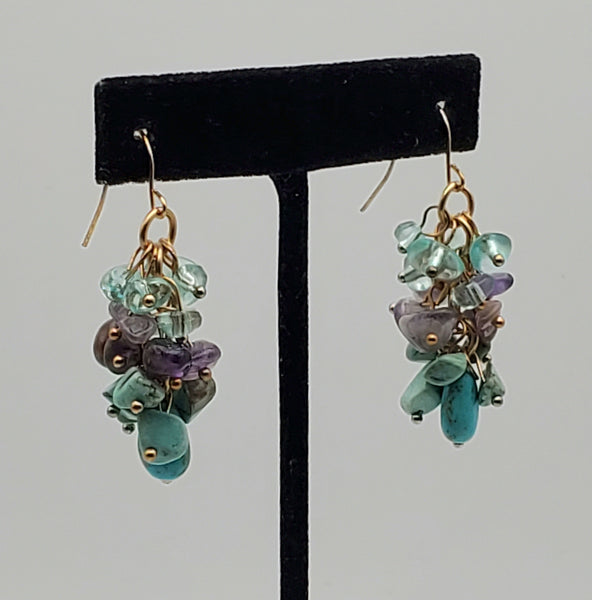 Vintage Amethyst and Turquoise Nugget Bead Gold Tone Dangle Earrings