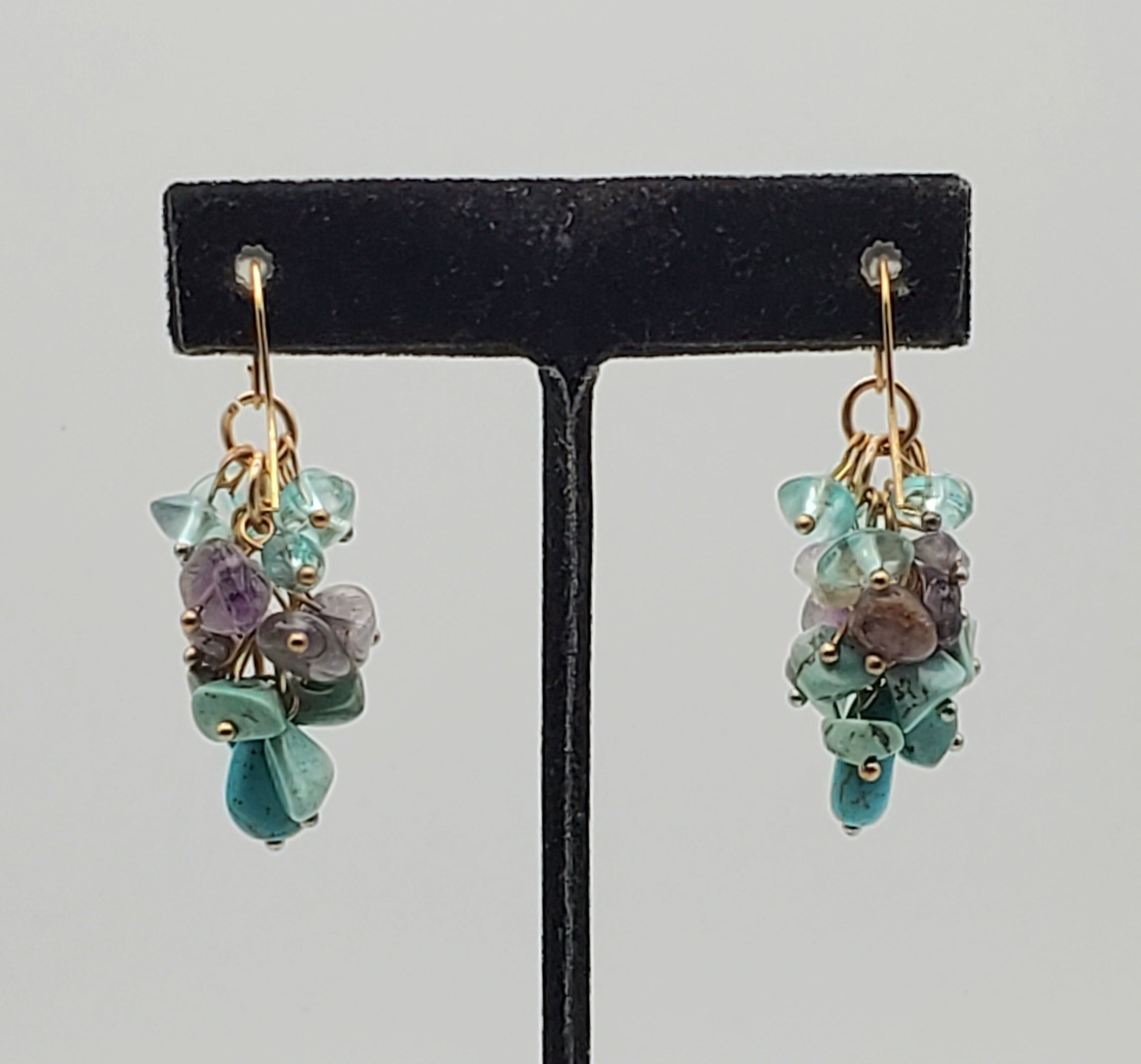 Vintage Amethyst and Turquoise Nugget Bead Gold Tone Dangle Earrings