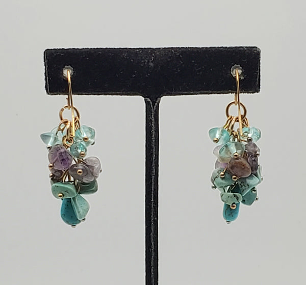 Vintage Amethyst and Turquoise Nugget Bead Gold Tone Dangle Earrings