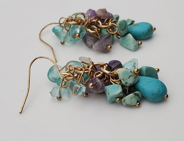 Vintage Amethyst and Turquoise Nugget Bead Gold Tone Dangle Earrings