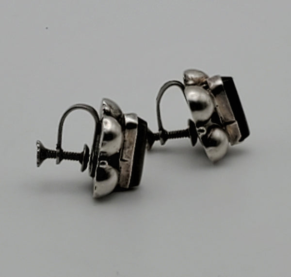 Vintage Handmade Sterling Silver Black Onyx Screw Back Earrings