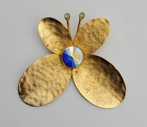 Vintage Hammered Gold Tone Butterfly with Faceted Holographic Foil Brooch