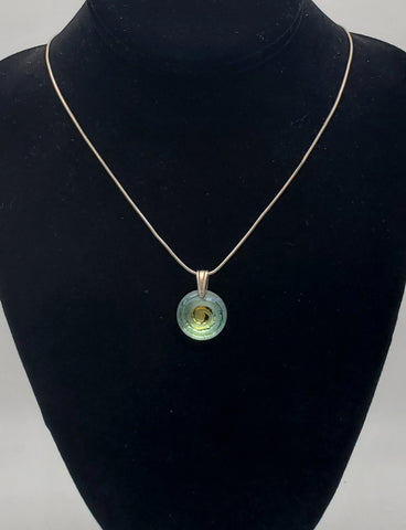 Vintage Foil Backed Etched Spiral Glass Pendant on Sterling Silver Necklace - 20"
