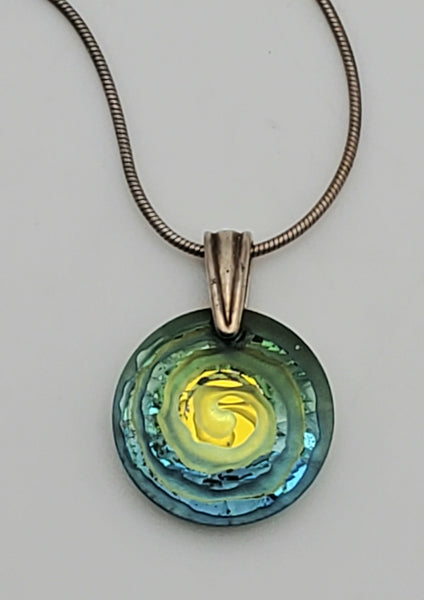 Vintage Foil Backed Etched Spiral Glass Pendant on Sterling Silver Necklace - 20"